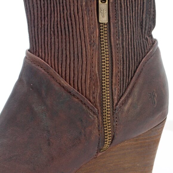 Frye Women's Brown Leather Corby Side Zip Ruched Wedge Ankle Boot Size 8M - Picture 4 of 12